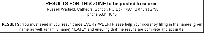 Text Box: RESULTS FOR THIS ZONE to be posted to scorer: 
 Russell Warfield, Cathedral School, PO Box 1497, Bathurst 2795
phone 6331 1845

RESULTS: You must send in your result cards EVERY WEEK! Please help your scorer by filling in the names (given name as well as family name) NEATLY and ensuring that the results are complete and accurate. 