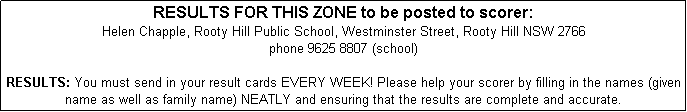 Text Box: RESULTS FOR THIS ZONE to be posted to scorer: 
Helen Chapple, Rooty Hill Public School, Westminster Street, Rooty Hill NSW 2766
phone 9625 8807 (school)

RESULTS: You must send in your result cards EVERY WEEK! Please help your scorer by filling in the names (given name as well as family name) NEATLY and ensuring that the results are complete and accurate. 