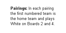 Text Box:         Pairings: In each pairing
        the first numbered team is 
        the home team and plays  
        White on Boards 2 and 4.