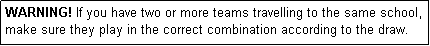 Text Box: WARNING! If you have two or more teams travelling to the same school, make sure they play in the correct combination according to the draw.