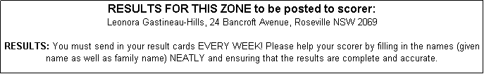 Text Box: RESULTS FOR THIS ZONE to be posted to scorer: 
Leonora Gastineau-Hills, 24 Bancroft Avenue, Roseville NSW 2069

RESULTS: You must send in your result cards EVERY WEEK! Please help your scorer by filling in the names (given name as well as family name) NEATLY and ensuring that the results are complete and accurate. 