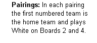 Text Box:      Pairings: In each pairing
     the first numbered team is
     the home team and plays
     White on Boards 2 and 4.