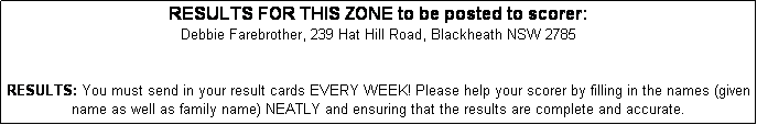 Text Box: RESULTS FOR THIS ZONE to be posted to scorer: 
Debbie Farebrother, 239 Hat Hill Road, Blackheath NSW 2785


RESULTS: You must send in your result cards EVERY WEEK! Please help your scorer by filling in the names (given name as well as family name) NEATLY and ensuring that the results are complete and accurate. 