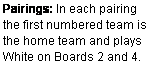 Text Box: Pairings: In each pairing the first numbered team is the home team and plays  White on Boards 2 and 4.