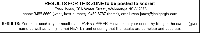 Text Box: RESULTS FOR THIS ZONE to be posted to scorer: 
 Evan Jones, 26A Water Street, Wahroonga NSW 2076
phone 9489 8669 (work, best number), 9489 6737 (home), email evan.jones@insightgfs.com

RESULTS: You must send in your result cards EVERY WEEK! Please help your scorer by filling in the names (given name as well as family name) NEATLY and ensuring that the results are complete and accurate. 