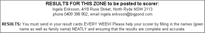 Text Box: RESULTS FOR THIS ZONE to be posted to scorer: 
Ingela Eriksson, 4/18 Ruse Street, North Ryde NSW 2113
phone 0409 398 902, email ingela.eriksson@bigpond.com

RESULTS: You must send in your result cards EVERY WEEK! Please help your scorer by filling in the names (given name as well as family name) NEATLY and ensuring that the results are complete and accurate. 