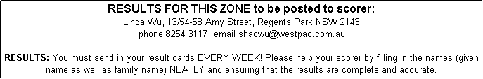 Text Box: RESULTS FOR THIS ZONE to be posted to scorer: 
Linda Wu, 13/54-58 Amy Street, Regents Park NSW 2143
phone 8254 3117, email shaowu@westpac.com.au

RESULTS: You must send in your result cards EVERY WEEK! Please help your scorer by filling in the names (given name as well as family name) NEATLY and ensuring that the results are complete and accurate. 