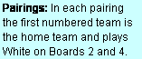 Text Box: Pairings: In each pairing the first numbered team is the home team and plays  White on Boards 2 and 4.