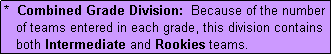 Text Box: *  Combined Grade Division:  Because of the number
   of teams entered in each grade, this division contains
   both Intermediate and Rookies teams.