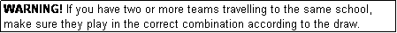 Text Box: WARNING! If you have two or more teams travelling to the same school, make sure they play in the correct combination according to the draw.
