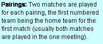 Text Box: Pairings: Two matches are played for each pairing, the first numbered team being the home team for the first match (usually both matches are played in the one meeting).