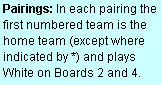 Text Box: Pairings: In each pairing the first numbered team is the home team (except where indicated by *) and plays  White on Boards 2 and 4.