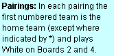 Text Box: Pairings: In each pairing the first numbered team is the home team (except where indicated by *) and plays  White on Boards 2 and 4.