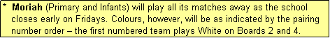 Text Box: *  Moriah (Primary and Infants) will play all its matches away as the school
   closes early on Fridays. Colours, however, will be as indicated by the pairing
   number order � the first numbered team plays White on Boards 2 and 4.