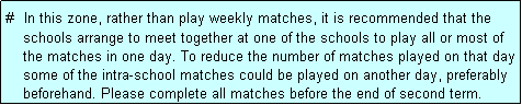 Text Box: #  In this zone, rather than play weekly matches, it is recommended that the
    schools arrange to meet together at one of the schools to play all or most of
    the matches in one day. To reduce the number of matches played on that day 
    some of the intra-school matches could be played on another day, preferably 
    beforehand. Please complete all matches before the end of second term.