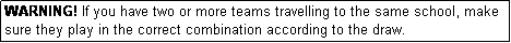 Text Box: WARNING! If you have two or more teams travelling to the same school, make sure they play in the correct combination according to the draw.