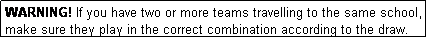 Text Box: WARNING! If you have two or more teams travelling to the same school, make sure they play in the correct combination according to the draw.