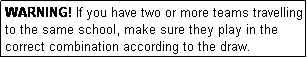 Text Box: WARNING! If you have two or more teams travelling to the same school, make sure they play in the correct combination according to the draw.