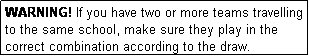 Text Box: WARNING! If you have two or more teams travelling to the same school, make sure they play in the correct combination according to the draw.