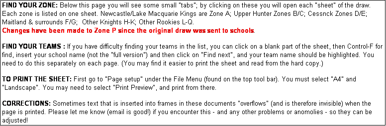 Text Box: FIND YOUR ZONE: Below this page you will see some small "tabs"; by clicking on these you will open each "sheet" of the draw. Each zone is listed on one sheet. Newcastle/Lake Macquarie Kings are Zone A; Upper Hunter Zones B/C; Cessnck Zones D/E; Maitland & surrounds F/G;  Other Knights H-K; Other Rookies L-Q.
Changes have been made to Zone P since the original draw was sent to schools.

FIND YOUR TEAMS : If you have difficulty finding your teams in the list, you can click on a blank part of the sheet, then Control-F for find, insert your school name (not the "full version") and then click on "Find next", and your team name should be highlighted. You need to do this separately on each page. (You may find it easier to print the sheet and read from the hard copy.)

TO PRINT THE SHEET: First go to "Page setup" under the File Menu (found on the top tool bar). You must select "A4" and "Landscape". You may need to select "Print Preview", and print from there.

CORRECTIONS: Sometimes text that is inserted into frames in these documents "overflows" (and is therefore invisible) when the page is printed. Please let me know (email is good!) if you encounter this - and any other problems or anomolies - so they can be adjusted!