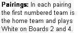 Text Box: Pairings: In each pairing the first numbered team is the home team and plays  White on Boards 2 and 4.
