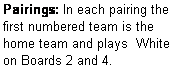 Text Box: Pairings: In each pairing the first numbered team is the home team and plays  White on Boards 2 and 4.