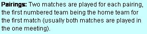 Text Box: Pairings: Two matches are played for each pairing, the first numbered team being the home team for the first match (usually both matches are played in the one meeting).