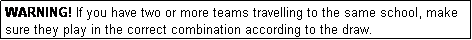 Text Box: WARNING! If you have two or more teams travelling to the same school, make sure they play in the correct combination according to the draw.