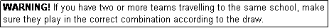 Text Box: WARNING! If you have two or more teams travelling to the same school, make sure they play in the correct combination according to the draw.