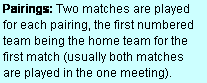 Text Box: Pairings: Two matches are played for each pairing, the first numbered team being the home team for the first match (usually both matches are played in the one meeting).