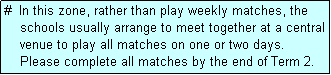 Text Box: #  In this zone, rather than play weekly matches, the
    schools usually arrange to meet together at a central
    venue to play all matches on one or two days.
    Please complete all matches by the end of Term 2.