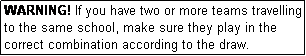 Text Box: WARNING! If you have two or more teams travelling to the same school, make sure they play in the correct combination according to the draw.
