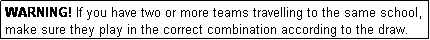Text Box: WARNING! If you have two or more teams travelling to the same school, make sure they play in the correct combination according to the draw.