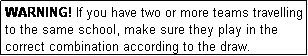 Text Box: WARNING! If you have two or more teams travelling to the same school, make sure they play in the correct combination according to the draw.
