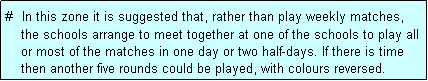 Text Box: #  In this zone it is suggested that, rather than play weekly matches,
    the schools arrange to meet together at one of the schools to play all
    or most of the matches in one day or two half-days. If there is time 
    then another five rounds could be played, with colours reversed.