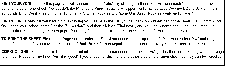 Text Box: FIND YOUR ZONE: Below this page you will see some small "tabs"; by clicking on these you will open each "sheet" of the draw. Each zone is listed on one sheet. Newcastle/Lake Macquarie Kings are Zone A; Upper Hunter Zones B/C; Cessnock Zone D; Maitland & surrounds E/F;  Westlakes G:  Other Knights H-K; Other Rookies L-O (Zone O is Junior Rookies - only up to Year 4).
              
FIND YOUR TEAMS : If you have difficulty finding your teams in the list, you can click on a blank part of the sheet, then Control-F for find, insert your school name (not the "full version") and then click on "Find next", and your team name should be highlighted. You need to do this separately on each page. (You may find it easier to print the sheet and read from the hard copy.)

TO PRINT THE SHEET: First go to "Page setup" under the File Menu (found on the top tool bar). You must select "A4" and may need to use "Landscape". You may need to select "Print Preview", then adjust margins to include everything and print from there.

CORRECTIONS: Sometimes text that is inserted into frames in these documents "overflows" (and is therefore invisible) when the page is printed. Please let me know (email is good!) if you encounter this - and any other problems or anomolies - so they can be adjusted!