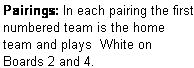 Text Box: Pairings: In each pairing the first numbered team is the home team and plays  White on Boards 2 and 4.