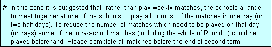 Text Box: #  In this zone it is suggested that, rather than play weekly matches, the schools arrange
    to meet together at one of the schools to play all or most of the matches in one day (or
    two half-days). To reduce the number of matches which need to be played on that day
    (or days) some of the intra-school matches (including the whole of Round 1) could be
    played beforehand. Please complete all matches before the end of second term.