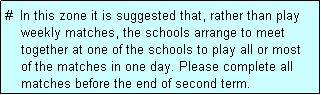 Text Box: #  In this zone it is suggested that, rather than play
    weekly matches, the schools arrange to meet
    together at one of the schools to play all or most
    of the matches in one day. Please complete all
    matches before the end of second term.