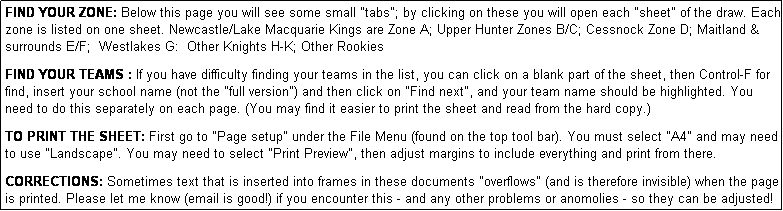 Text Box: FIND YOUR ZONE: Below this page you will see some small "tabs"; by clicking on these you will open each "sheet" of the draw. Each zone is listed on one sheet. Newcastle/Lake Macquarie Kings are Zone A; Upper Hunter Zones B/C; Cessnock Zone D; Maitland & surrounds E/F;  Westlakes G:  Other Knights H-K; Other Rookies 
              
FIND YOUR TEAMS : If you have difficulty finding your teams in the list, you can click on a blank part of the sheet, then Control-F for find, insert your school name (not the "full version") and then click on "Find next", and your team name should be highlighted. You need to do this separately on each page. (You may find it easier to print the sheet and read from the hard copy.)

TO PRINT THE SHEET: First go to "Page setup" under the File Menu (found on the top tool bar). You must select "A4" and may need to use "Landscape". You may need to select "Print Preview", then adjust margins to include everything and print from there.

CORRECTIONS: Sometimes text that is inserted into frames in these documents "overflows" (and is therefore invisible) when the page is printed. Please let me know (email is good!) if you encounter this - and any other problems or anomolies - so they can be adjusted!