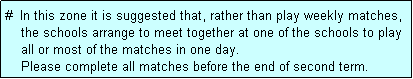 Text Box: #  In this zone it is suggested that, rather than play weekly matches,
    the schools arrange to meet together at one of the schools to play
    all or most of the matches in one day. 
    Please complete all matches before the end of second term.