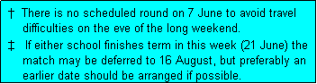 Text Box:  �  There is no scheduled round on 7 June to avoid travel
     difficulties on the eve of the long weekend.
 �   If either school finishes term in this week (21 June) the
     match may be deferred to 16 August, but preferably an
     earlier date should be arranged if possible.  
