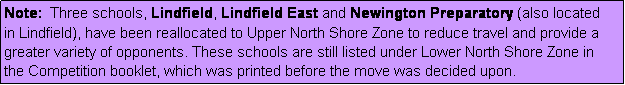 Text Box: Note:  Three schools, Lindfield, Lindfield East and Newington Preparatory (also located
in Lindfield), have been reallocated to Upper North Shore Zone to reduce travel and provide a
greater variety of opponents. These schools are still listed under Lower North Shore Zone in
the Competition booklet, which was printed before the move was decided upon. 