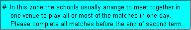 Text Box: #  In this zone the schools usually arrange to meet together in
    one venue to play all or most of the matches in one day.
    Please complete all matches before the end of second term.