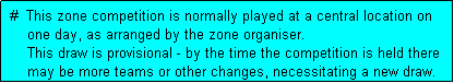 Text Box:  #  This zone competition is normally played at a central location on
     one day, as arranged by the zone organiser.
     This draw is provisional - by the time the competition is held there
     may be more teams or other changes, necessitating a new draw.