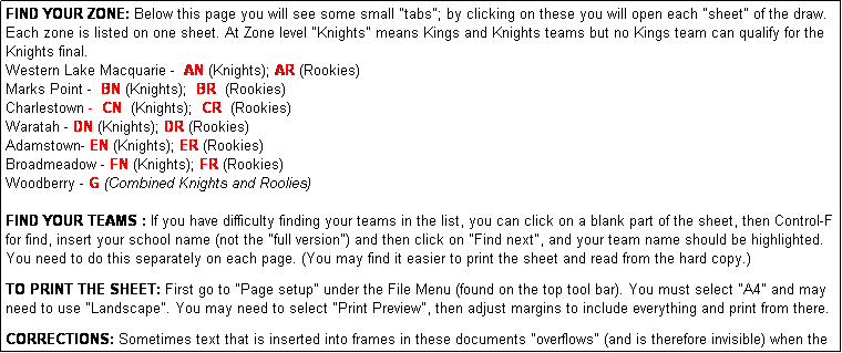 Text Box: FIND YOUR ZONE: Below this page you will see some small "tabs"; by clicking on these you will open each "sheet" of the draw. Each zone is listed on one sheet. At Zone level "Knights" means Kings and Knights teams but no Kings team can qualify for the Knights final.
Western Lake Macquarie -  AN (Knights); AR (Rookies)  
Marks Point -  BN (Knights);  BR  (Rookies)    
Charlestown -  CN  (Knights);  CR  (Rookies)    
Waratah - DN (Knights); DR (Rookies)  
Adamstown- EN (Knights); ER (Rookies) 
Broadmeadow - FN (Knights); FR (Rookies)   
Woodberry - G (Combined Knights and Roolies)
                 
FIND YOUR TEAMS : If you have difficulty finding your teams in the list, you can click on a blank part of the sheet, then Control-F for find, insert your school name (not the "full version") and then click on "Find next", and your team name should be highlighted. You need to do this separately on each page. (You may find it easier to print the sheet and read from the hard copy.)

TO PRINT THE SHEET: First go to "Page setup" under the File Menu (found on the top tool bar). You must select "A4" and may need to use "Landscape". You may need to select "Print Preview", then adjust margins to include everything and print from there.

CORRECTIONS: Sometimes text that is inserted into frames in these documents "overflows" (and is therefore invisible) when the page is printed. Please advise if you encounter this - and any other problems or anomolies - so they can be adjusted!