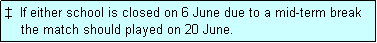 Text Box: �  If either school is closed on 6 June due to a mid-term break
    the match should played on 20 June. 