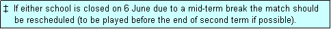 Text Box: �  If either school is closed on 6 June due to a mid-term break the match should
    be rescheduled (to be played before the end of second term if possible). 