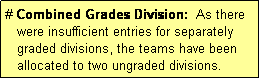 Text Box: # Combined Grades Division:  As there
   were insufficient entries for separately
   graded divisions, the teams have been
   allocated to two ungraded divisions.