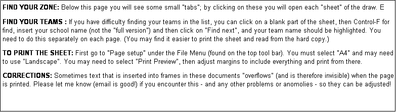 Text Box: FIND YOUR ZONE: Below this page you will see some small "tabs"; by clicking on these you will open each "sheet" of the draw. E
              
FIND YOUR TEAMS : If you have difficulty finding your teams in the list, you can click on a blank part of the sheet, then Control-F for find, insert your school name (not the "full version") and then click on "Find next", and your team name should be highlighted. You need to do this separately on each page. (You may find it easier to print the sheet and read from the hard copy.)

TO PRINT THE SHEET: First go to "Page setup" under the File Menu (found on the top tool bar). You must select "A4" and may need to use "Landscape". You may need to select "Print Preview", then adjust margins to include everything and print from there.

CORRECTIONS: Sometimes text that is inserted into frames in these documents "overflows" (and is therefore invisible) when the page is printed. Please let me know (email is good!) if you encounter this - and any other problems or anomolies - so they can be adjusted!